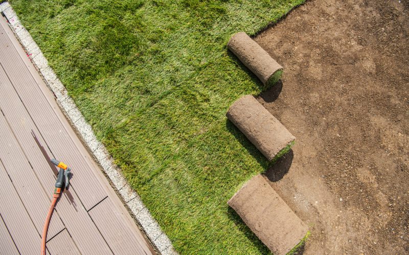 Landscaping Industry. Rolls of Newly Installed Grass Turfs Next to Swimming Pool Deck. Industrial Theme.